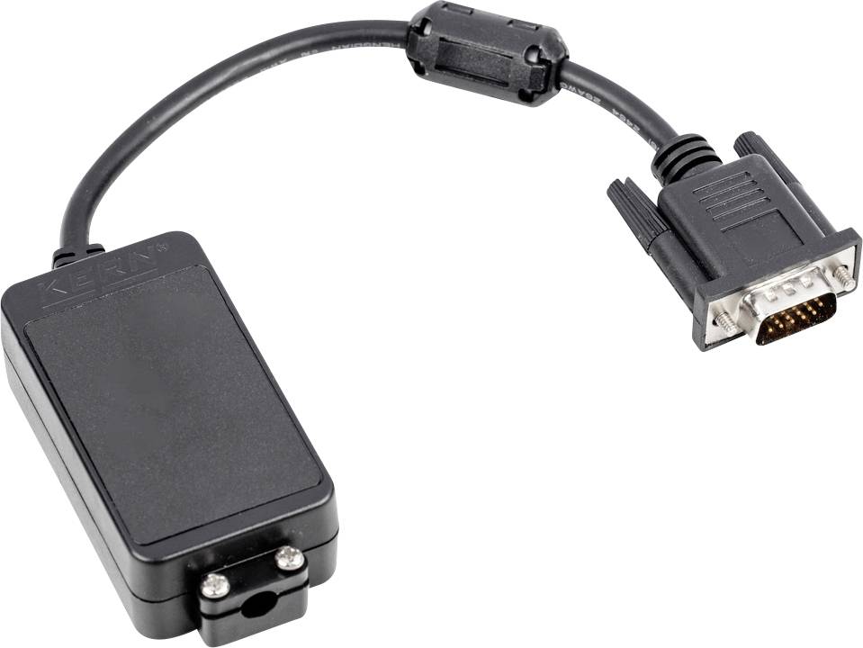 Adaptérový kabel s obdélníkovým pouzdrem a D-sub konektorem, typicky používaný pro sériová propojení mezi zařízeními.