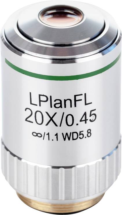 Objektiv pro mikroskop s nápisem LPanFL 20X/0.45, nekonečno/1.1 WD5.8, zobrazuje velikost a zvětšovací faktor.