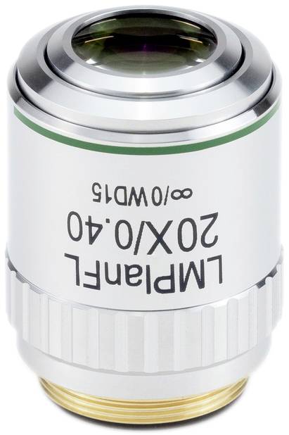 Stříbrné mikroskopické objektiv s nápisem 'LMPlanFL 20X/0.40 ∞/0 WD15'.