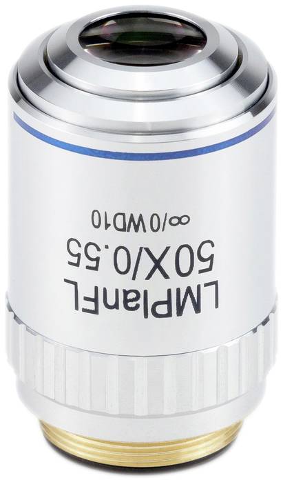 Objektiv mikroskopu s označením 'LMPlanFL 50X/0.55'. Vysoké zvětšení pro detailní mikroskopickou analýzu.