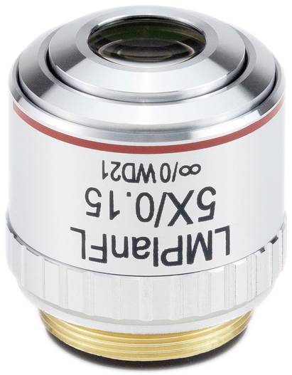 Mikroskopický objektiv s nápisem 'Planachromat 5X/0,15 ∞/0 WD21', vhodný pro zvětšená vědecká pozorování.