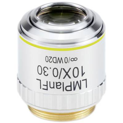 Mikroskopový objektiv s nápisem '10X/0.30'. Má kovové tělo se skleněnou čočkou a používá se pro vědecké zkoumání.