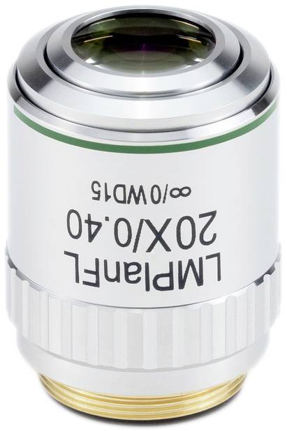Stříbrné mikroskopické objektiv s nápisem '20X/0.40' a 'LMPFL'. Používá se pro zvětšování vzorků v laboratorních experimentech.