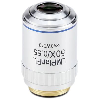Stříbrné mikroskopické objektiv s nápisem '50X / 0,55 LMPPlanFL'.
