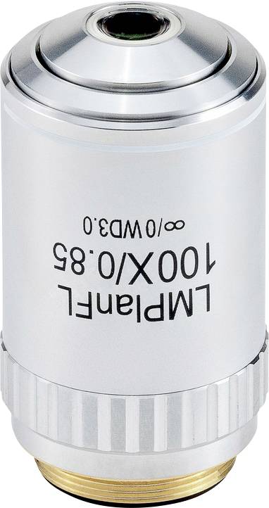 Stříbrný mikroskopický objektiv s označením 'LMPafel 100X/0.85 ∞/0WD3.0'. Používán pro vysoce přesné zvětšení.