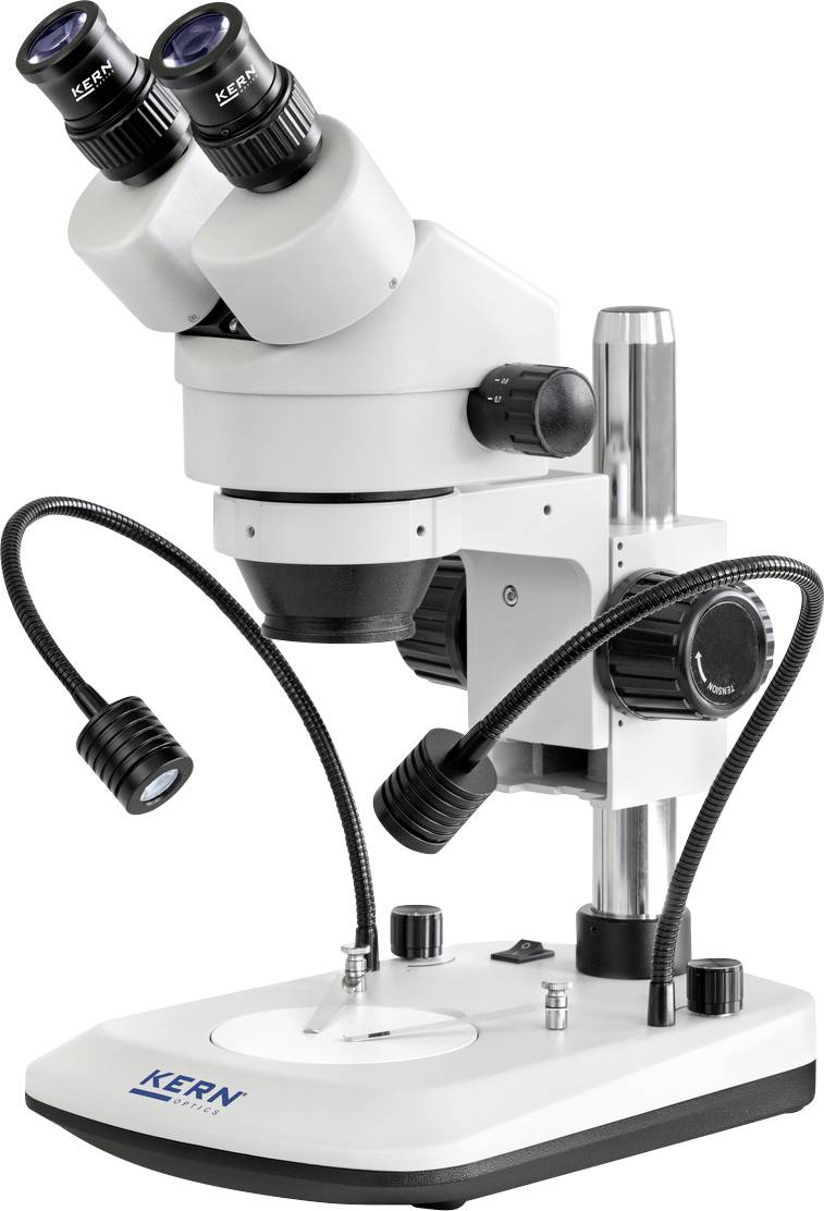 Bílý, moderní stereomikroskop se dvěma okuláry a flexibilním osvětlením na stabilní podstavě.