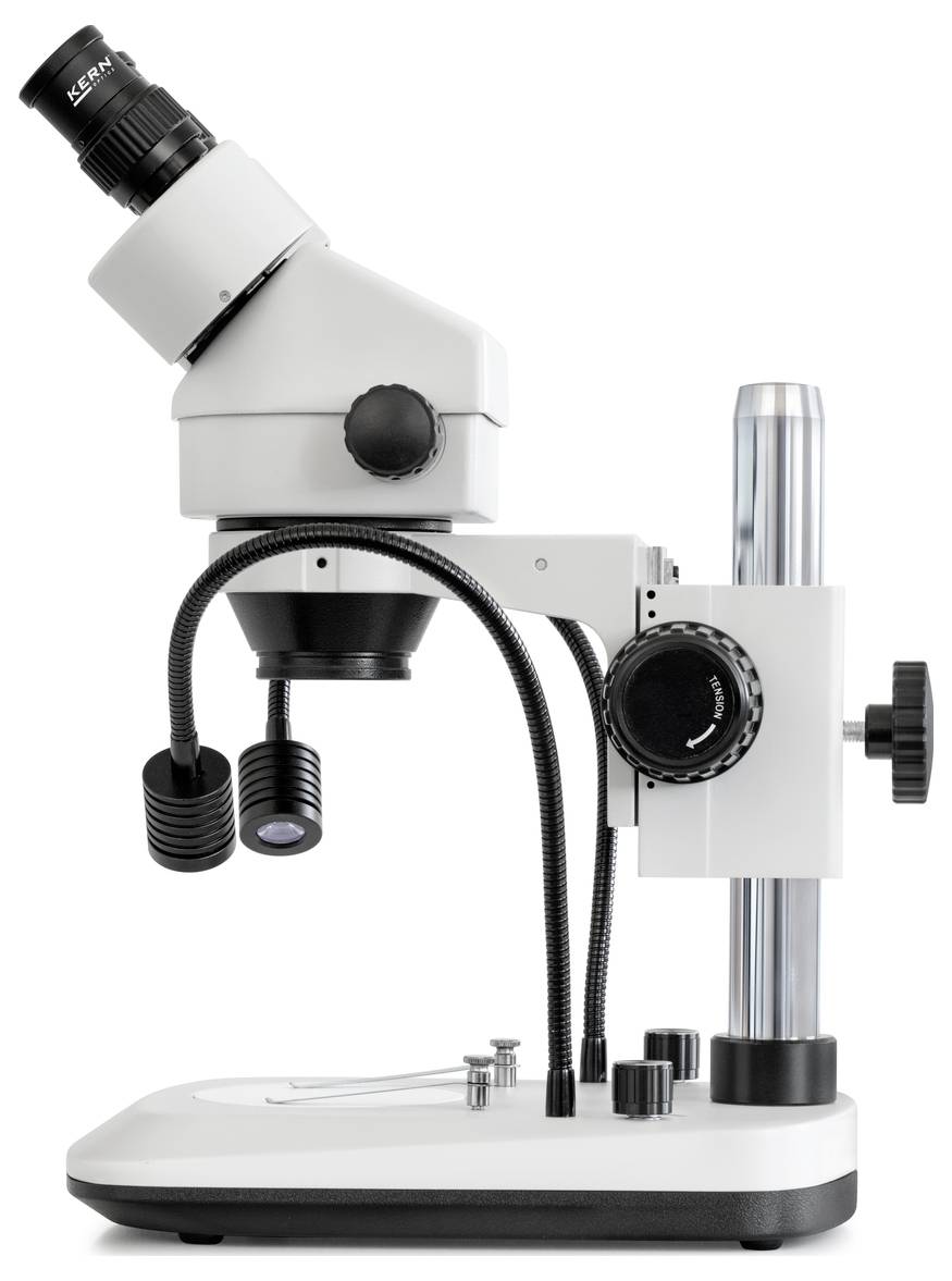 Bílý stereomikroskop se dvěma flexibilními LED světly, umístěnými na stabilním stojanu, je zobrazen z boční perspektivy.