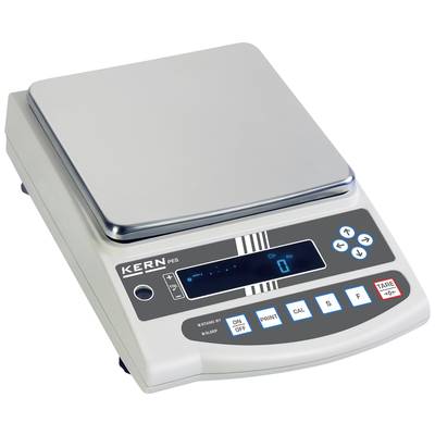 Elektronická váha s digitálním displejem ukazuje '0'. Název výrobce 'KERN' vpravo, ovládací prvky pro ZAP/VYP, TISK, KAL a TÁRA jsou viditelné.