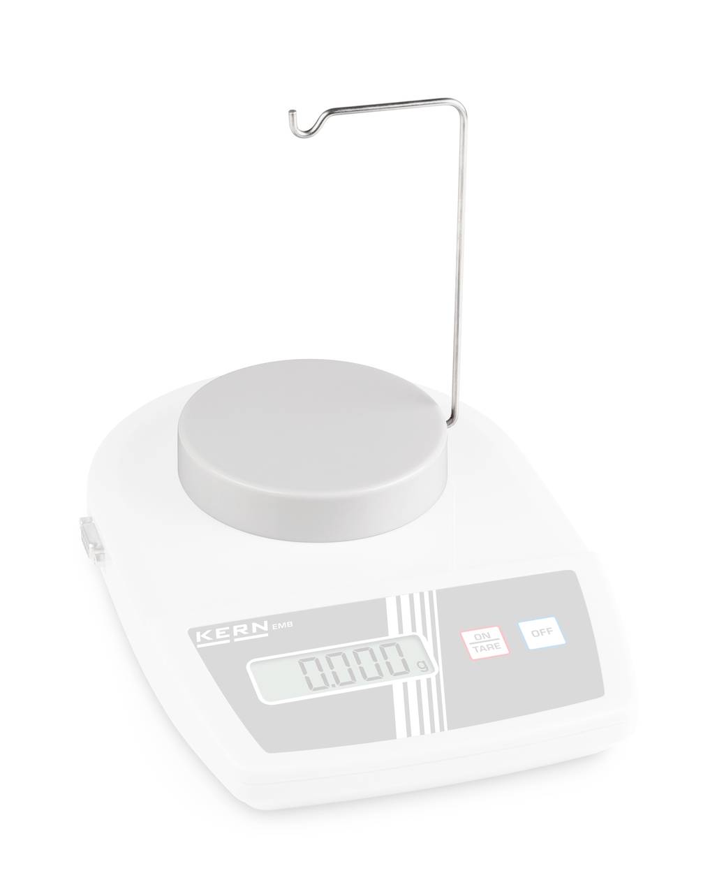 Elektronická váha s digitálním displejem, zobrazuje '0,000 g'. Kovová tyč se tyčí svisle vzhůru.