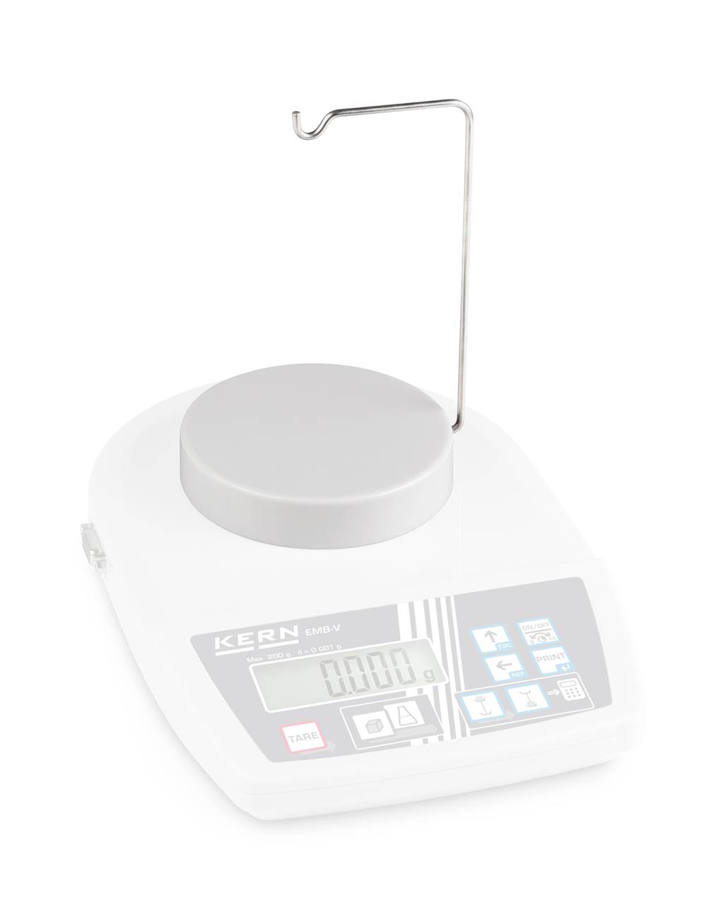Digitální přesná váha s hákovým příslušenstvím, vhodná pro přesné vážení. Na displeji je zobrazeno '0.00 g'.