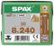 Krabice pro 50 šroubů 8x240 mm s T40 náhonem, značka SPAX. Obsahuje čárové kódy a nápis 'Vyrobeno v Německu'.