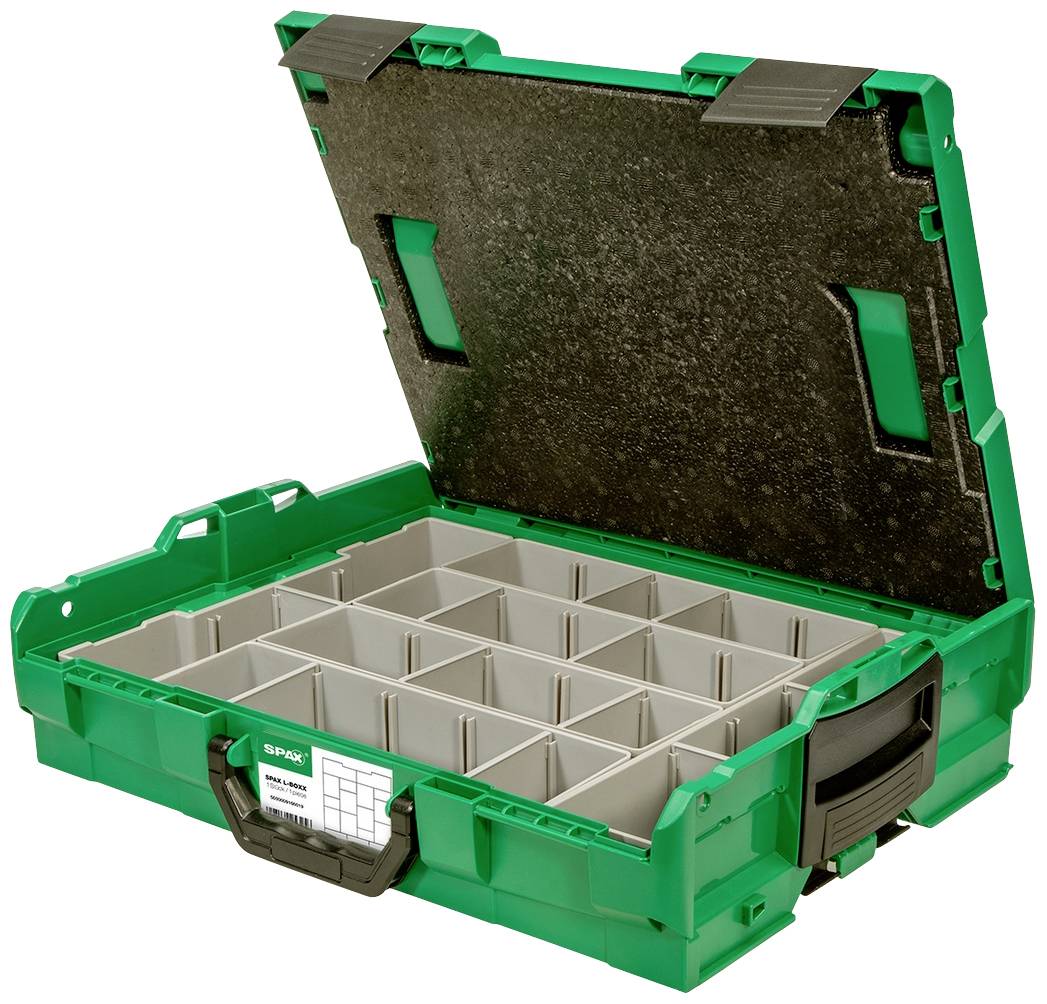 Zelený třídící box s otevřeným víkem a několika přihrádkami pro ukládání předmětů.