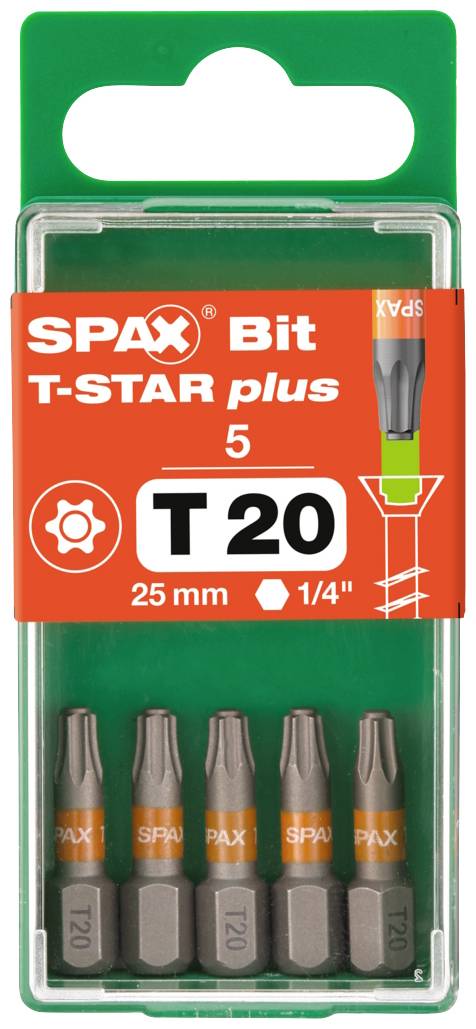 Pět bitů SPAX T-STAR plus velikosti T20, každý dlouhý 25 mm, v zelené plastové krabičce.