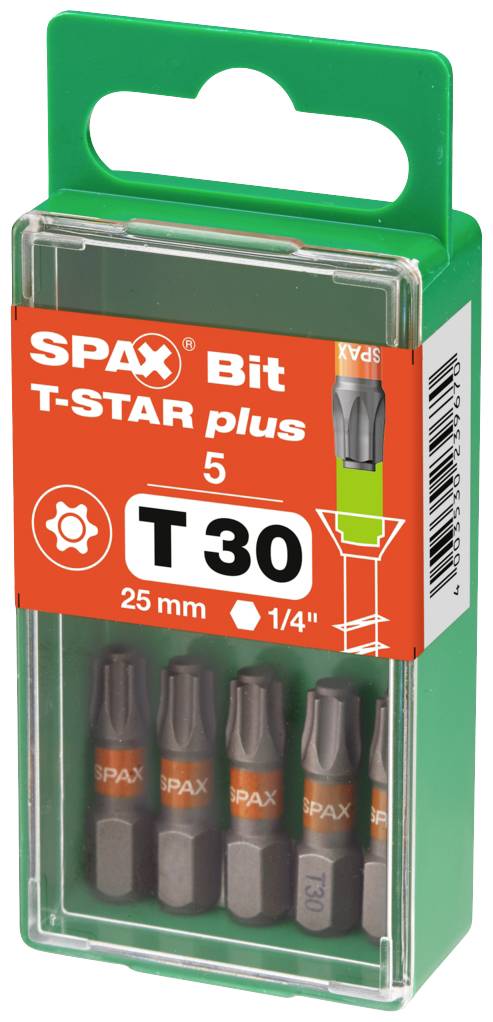 Zelená plastová krabička s pěti bity SPAX T-STAR plus, 25 mm, T30. Obaly ukazují velikost a tvar bitů na oranžové etiketě.