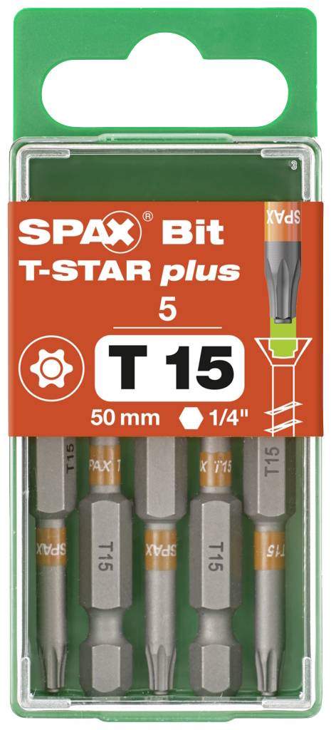 Sada bitů SPAX T-STAR plus T15, 5 kusů, délka 50 mm, vhodné pro šrouby T15. Balení zobrazuje produkt a technické detaily.