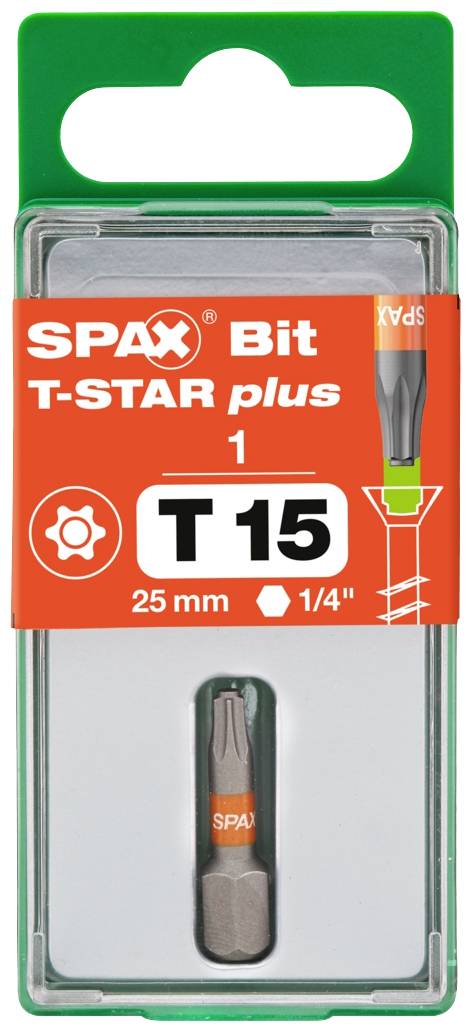 Bit SPAX T-STAR plus T15, 25 mm, 1/4 palce, v zeleném pouzdře. Balení zobrazuje bit a jeho velikost.