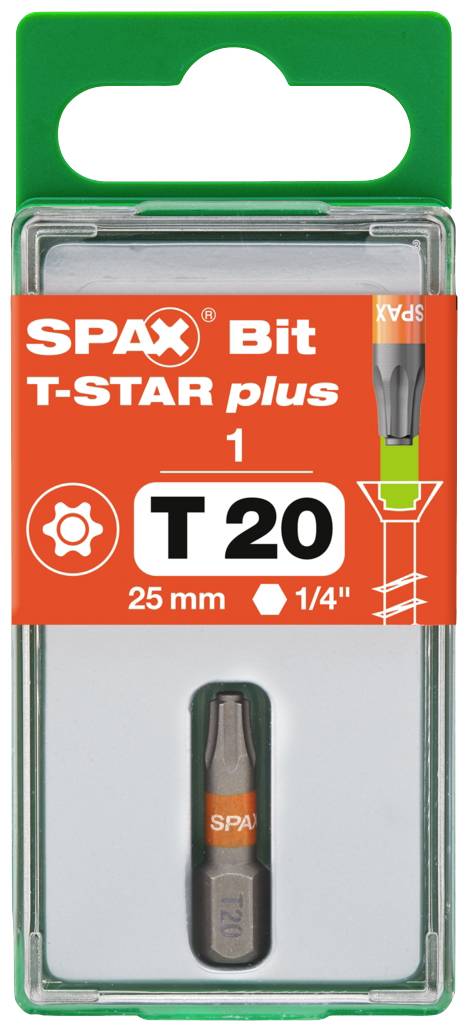 Vrták SPAX, typ T-STAR plus T20, délka 25 mm, s 1/4 palcovým náhonem. Balený v průhledné plastové krabičce.
