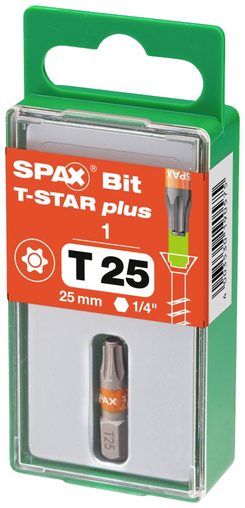 Šroubovací bit značky Spax T-STAR plus, velikost T25, délka 25 mm, vhodný pro 1/4palcové pohony, v zelené krabičce.