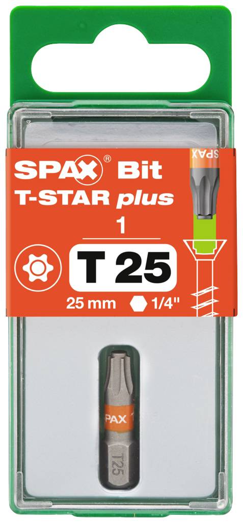 Vrták-bit od SPAX, T-STAR plus T25, 25 mm, 1/4 palce. Obsahuje bit pro šroubování s profilem T-Star.