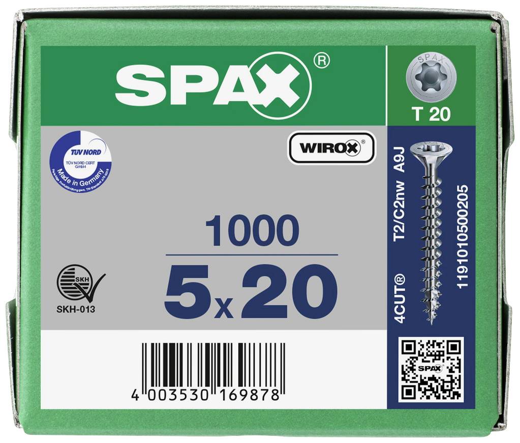Balení obsahující 1000 SPAX šroubů, velikost 5x20 mm, s T20 drážkou, s TÜV certifikátem a QR kódem na zeleném pozadí.