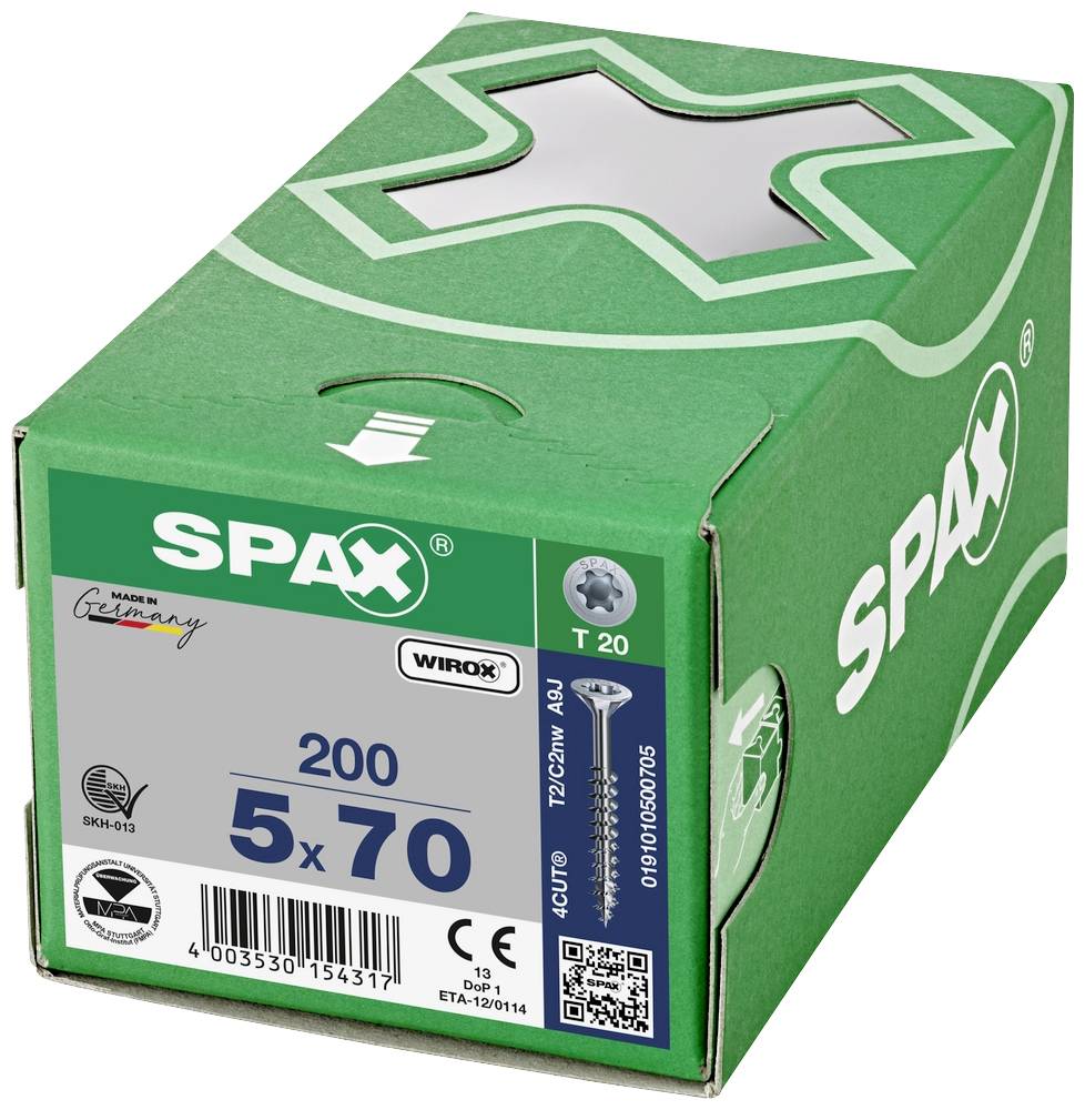 Zelený obal pro SPAX šrouby, 200 kusů, 5x70 mm, T20, „Vyrobeno v Německu", s označením pro ochranu životního prostředí a kvalitu.