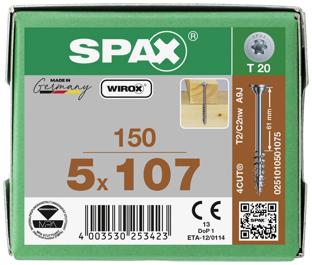 Zelený obal od SPAXu s 150 šrouby, velikost 5x107 mm, s hlavou T20 a technologií 4CUT. Značky: SPAX, Wirox. Vyrobeno v Německu.