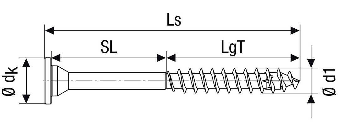 Technický výkres šroubu s rozměry: Ls (celková délka), SL (délka dříku), LgT (délka závitové části), ø dk (průměr hlavy), ø d1 (průměr jádra).