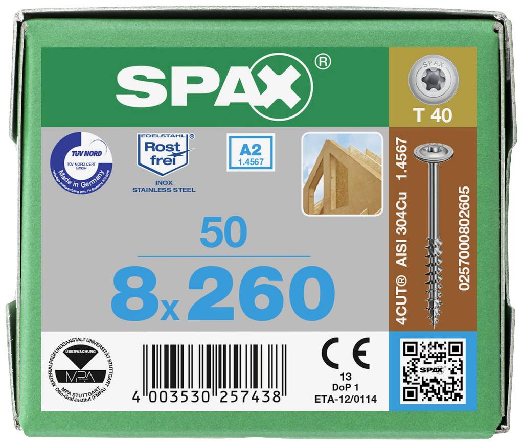Zelený obal vrutů SPAX pro dřevo, 8x260 mm, 50 kusů. Nerezová ocel A2, korozivzdorná, s T40 pogumováním a čárovým kódem.