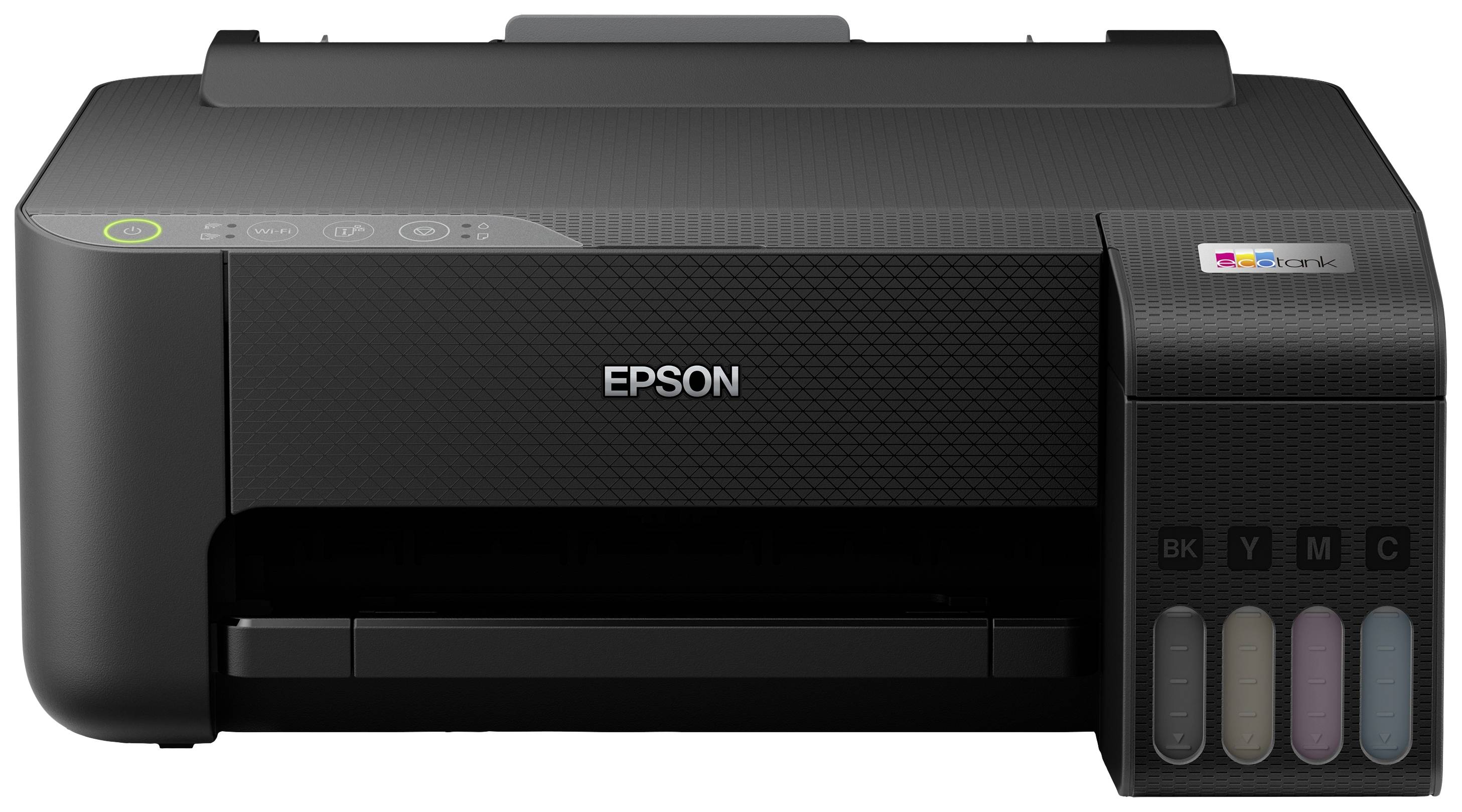 Černá tiskárna Epson s inkoustovými nádržemi na pravé straně, vhodná pro použití v domácnosti nebo kanceláři.