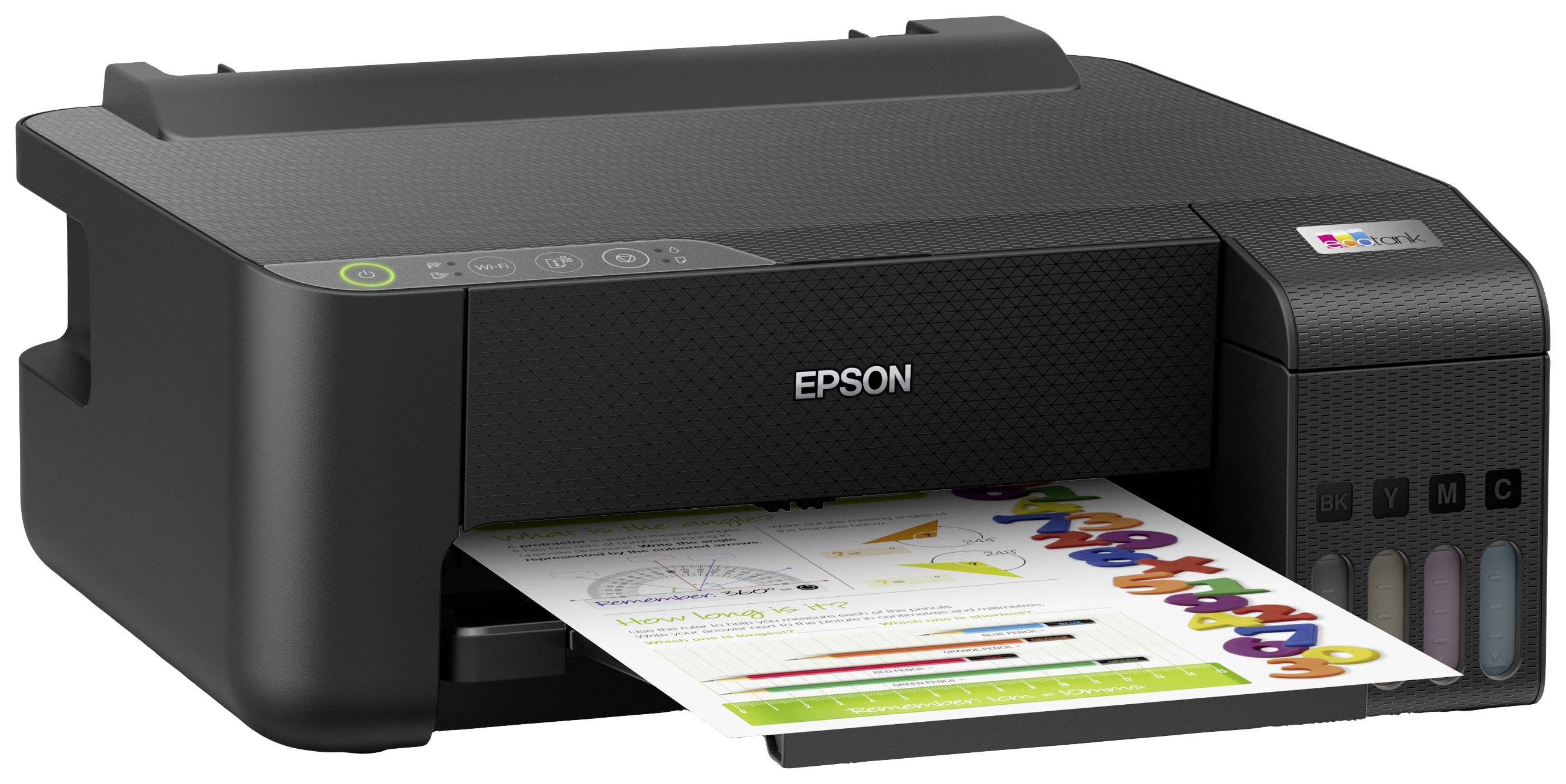 Černá tiskárna Epson tiskne barevný dokument s grafikou a textem. Na tiskárně jsou viditelné inkoustové nádrže.