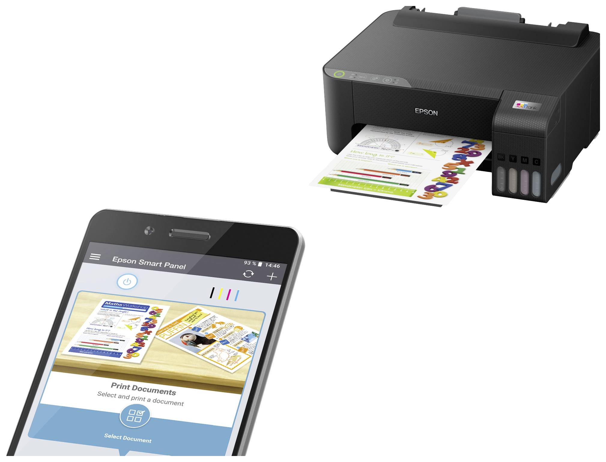 Tiskárna tiskne barevný dokument. Smartphone zobrazuje aplikaci Epson Smart Panel, která řídí tiskový proces.