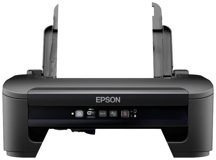 Černá tiskárna Epson s otevřeným podavačem papíru. Ovládací panel s tlačítky pro zapnutí/vypnutí, WiFi a dalšími funkcemi.