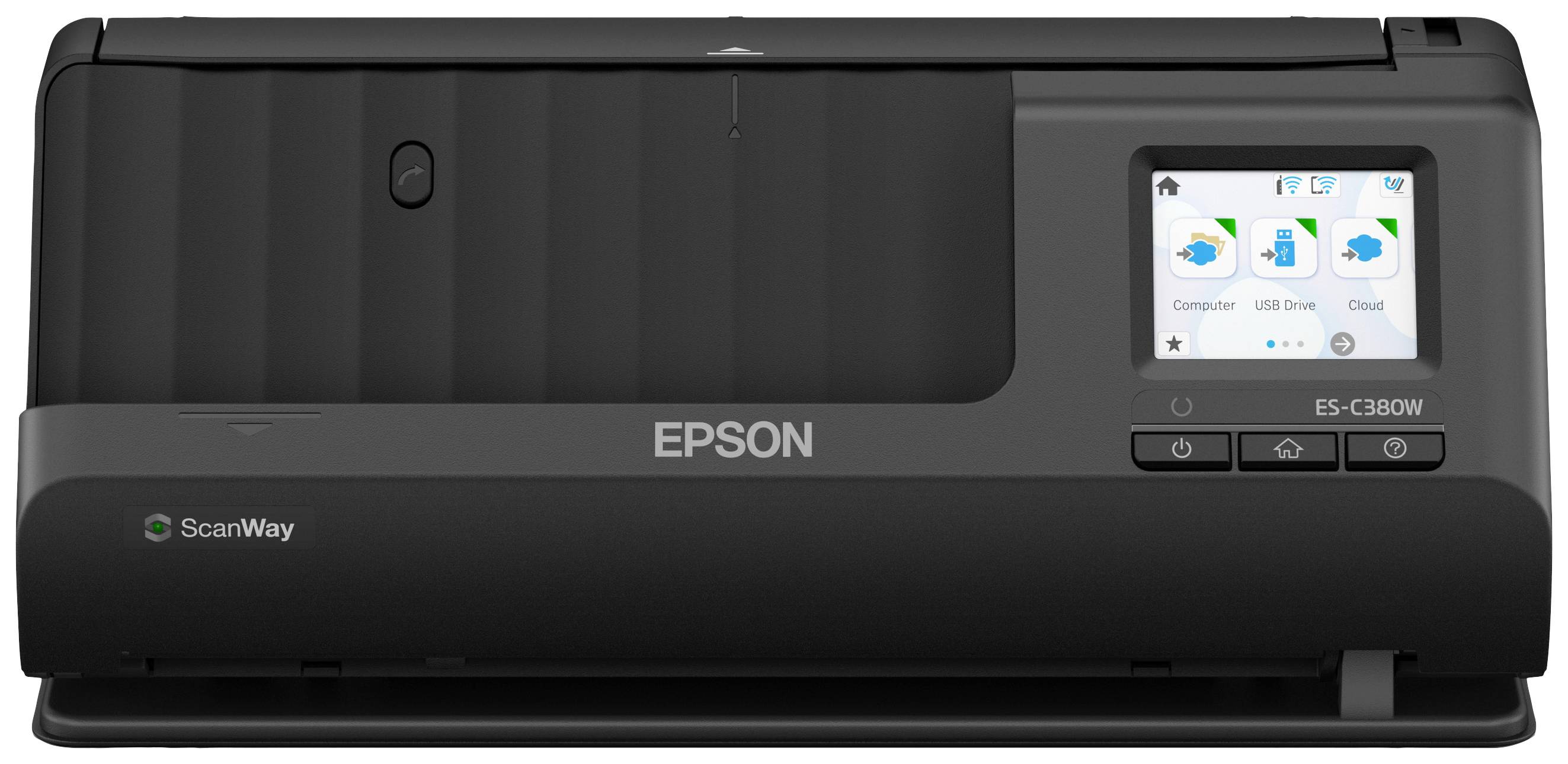 Epson dokumentový scanner s displejem pro různé možnosti skenování: počítač, USB zařízení, cloud. Ovládací tlačítka jsou viditelná.