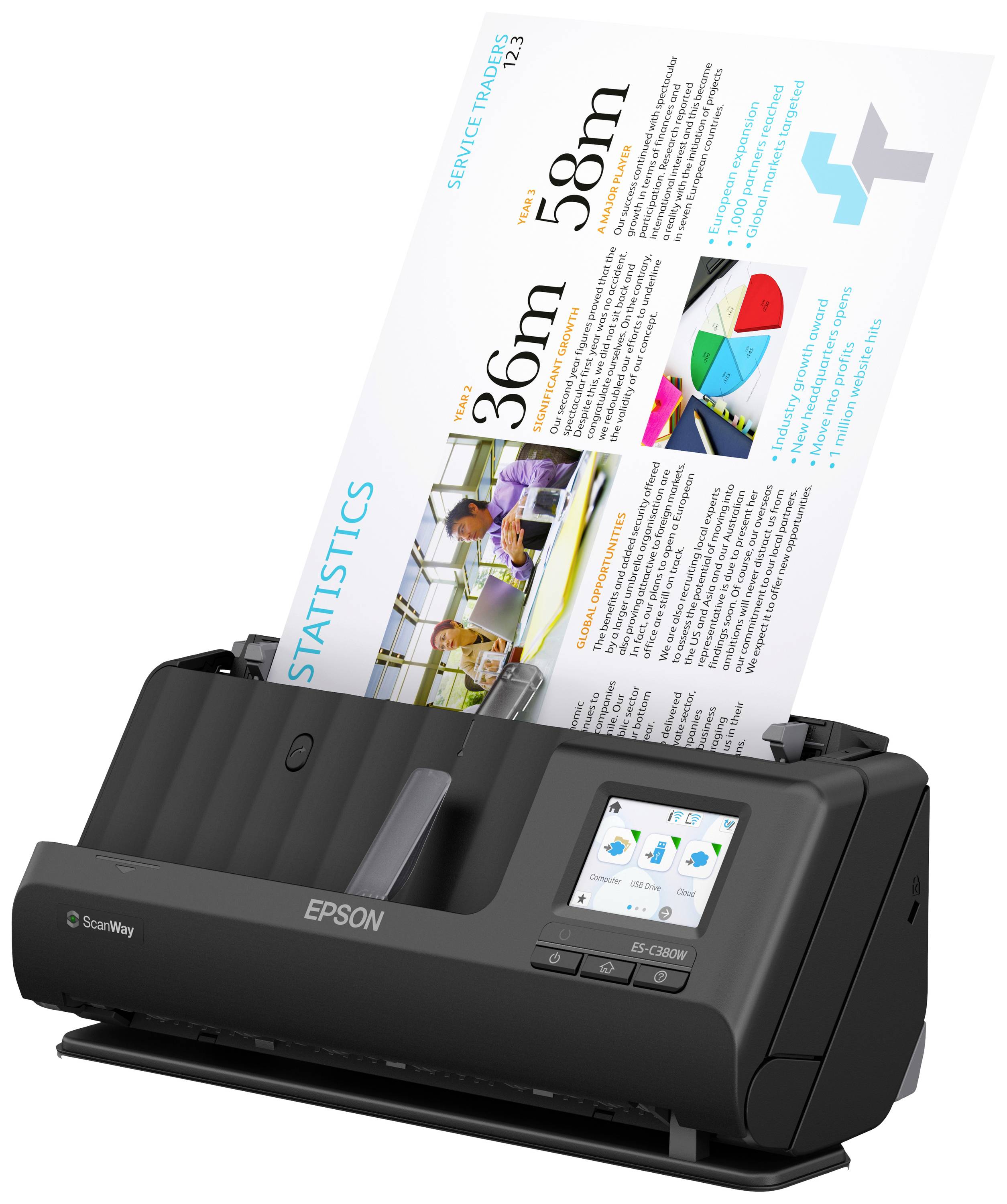Černý skener Epson skenuje barevný dokument s grafikou a statistikami. Skener má malý displej s ikonami.