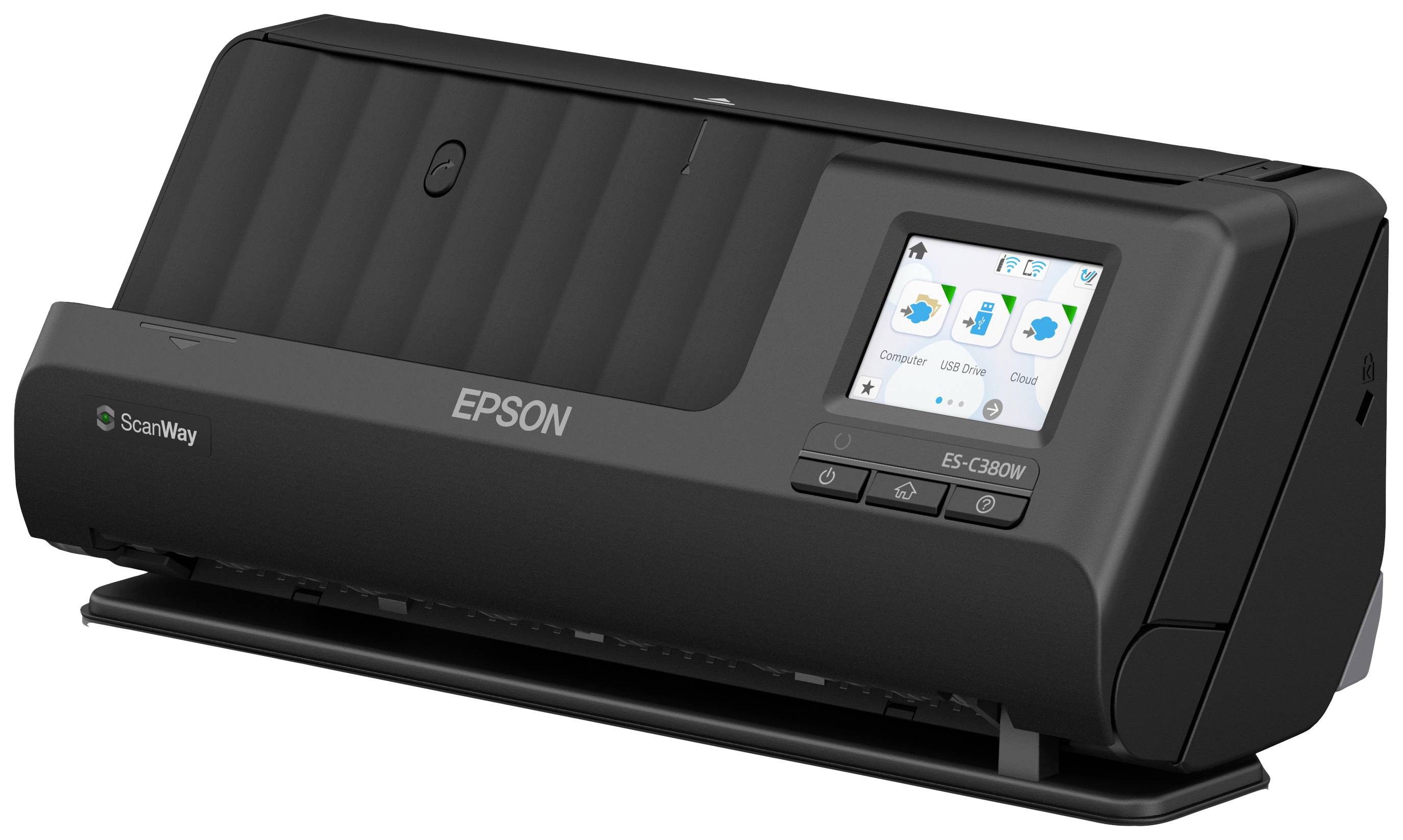 Černý scanner Epson s dotykovým displejem a ovládacími tlačítky, vhodný pro skenování dokumentů; model ES-C320W.