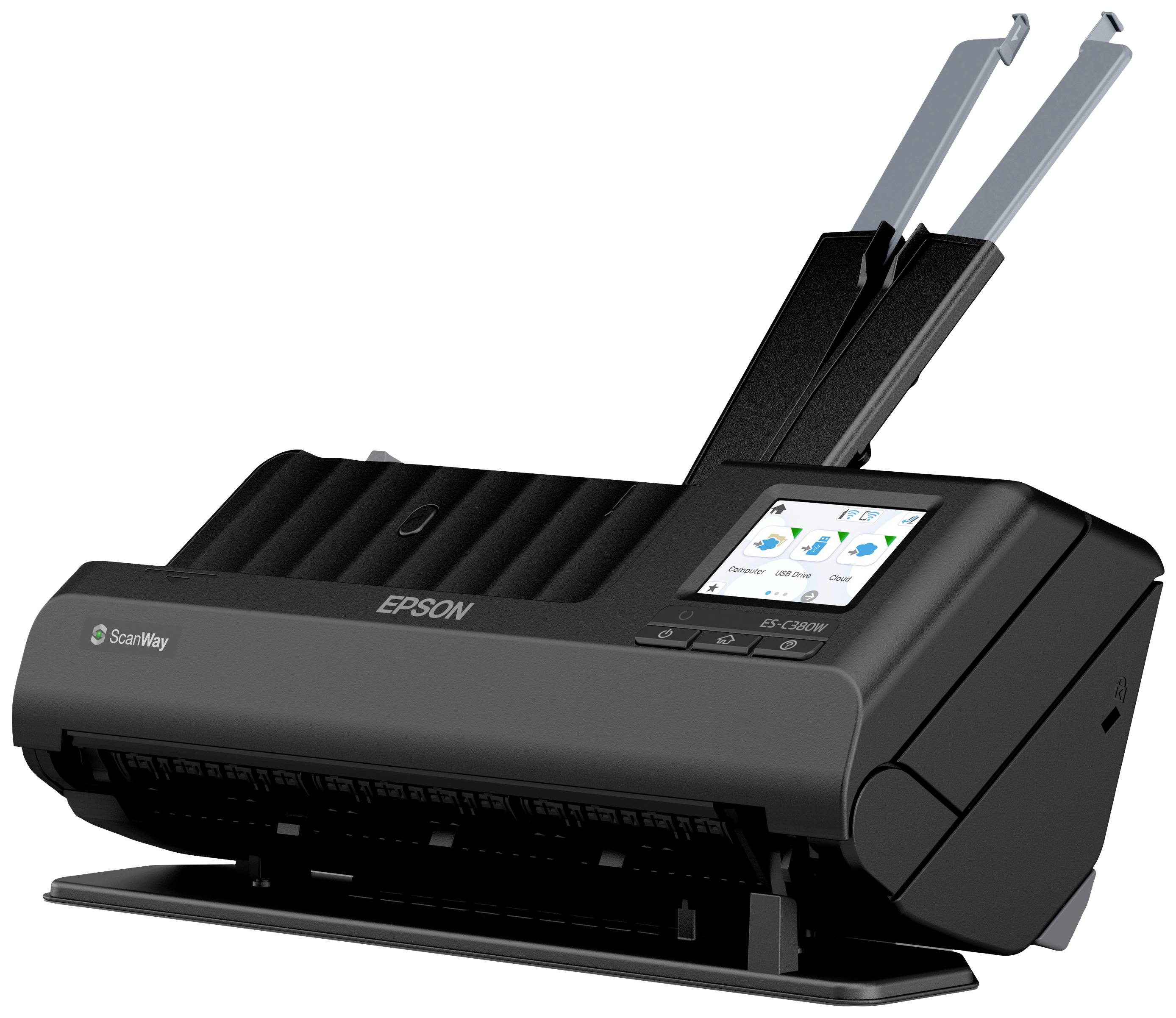 Černý skener Epson s nakloněným podavačem papíru a barevným displejem zobrazuje naskenované obrázky.