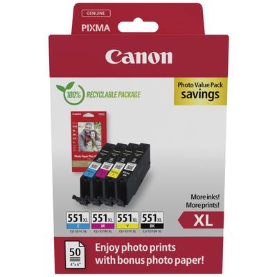 Sada Canon inkoustových náplní se slevou, obsahuje XL kazety CL-551 v černé, azurové, purpurové a žluté barvě. Včetně 50 listů fotopapíru, 100% recyklovatelný obal.