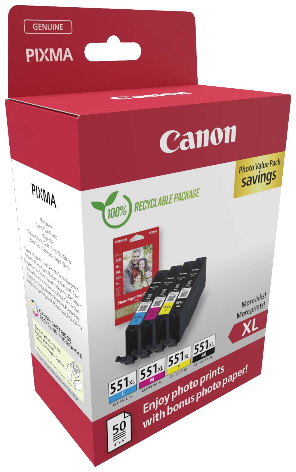 Balení inkoustových náplní Canon, série PIXMA, velikost XL. Obsahuje pět barev inkoustu a 50 listů fotografického papíru. Šetrné k životnímu prostředí.