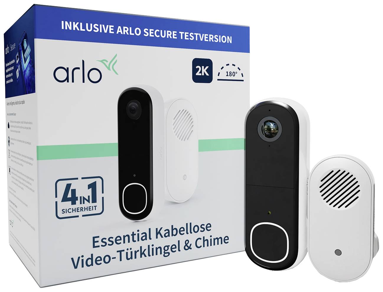 Arlova podstatná bezdrátová videotelefon & zvonek vedle obalu zobrazujícího hlavní funkce, jako je rozlišení 2K.