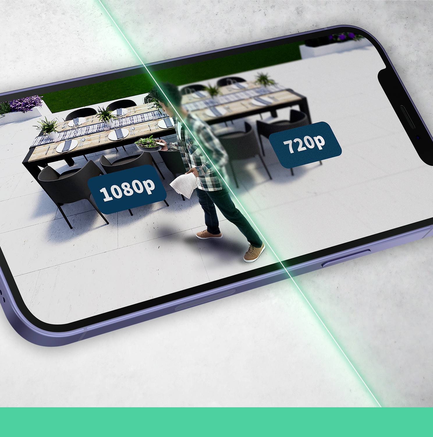 Displej smartphonu zobrazuje videohovor. Vlevo '1080p', vpravo '720p'. Jedna osoba nese talíř. Zelený laserový paprsek rozděluje stranu.