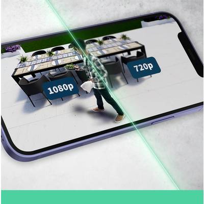 Displej smartphonu zobrazuje videohovor. Vlevo '1080p', vpravo '720p'. Jedna osoba nese talíř. Zelený laserový paprsek rozděluje stranu.