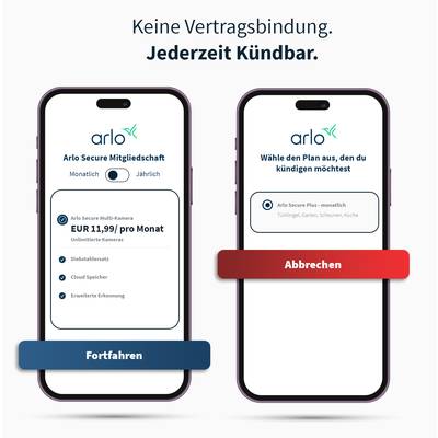 Dva smartphony zobrazují možnosti Arlo Secure členství, měsíčně nebo ročně, s možností zrušení. Text: 'Žádný smluvní závazek. Kdykoli vypověditelné.'