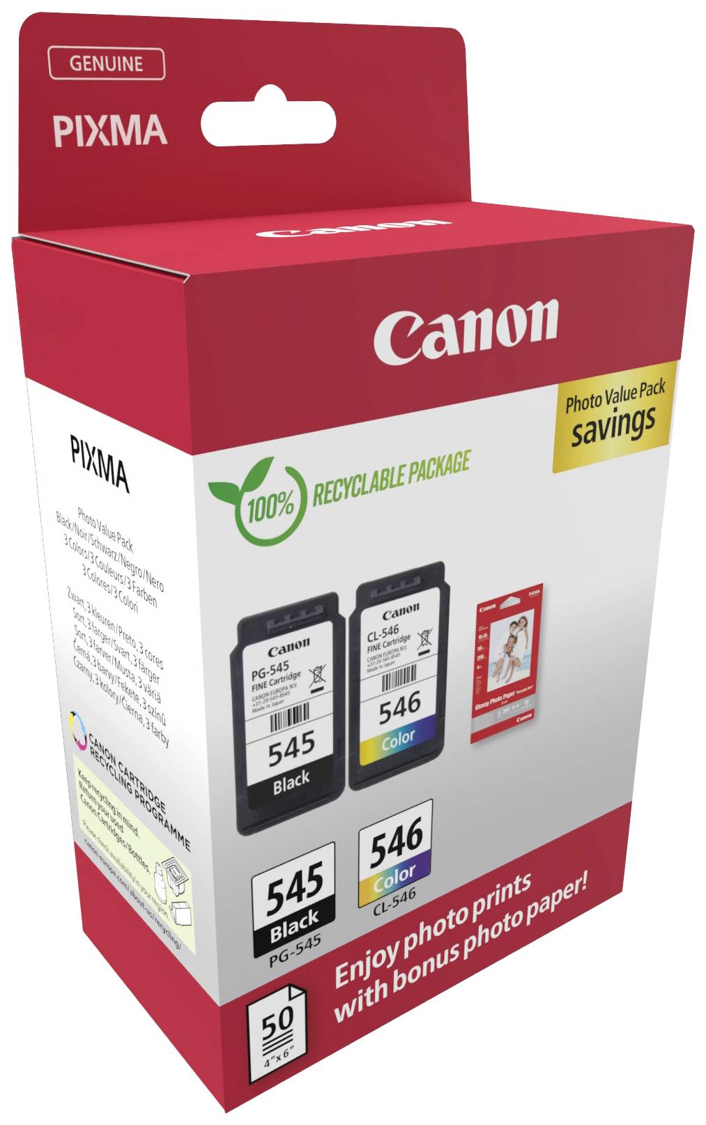 Sada inkoustových cartridgí Canon v černé a barevné variantě pro tiskárny PIXMA, v recyklovatelném obalu a s bonusovým fotografickým papírem.