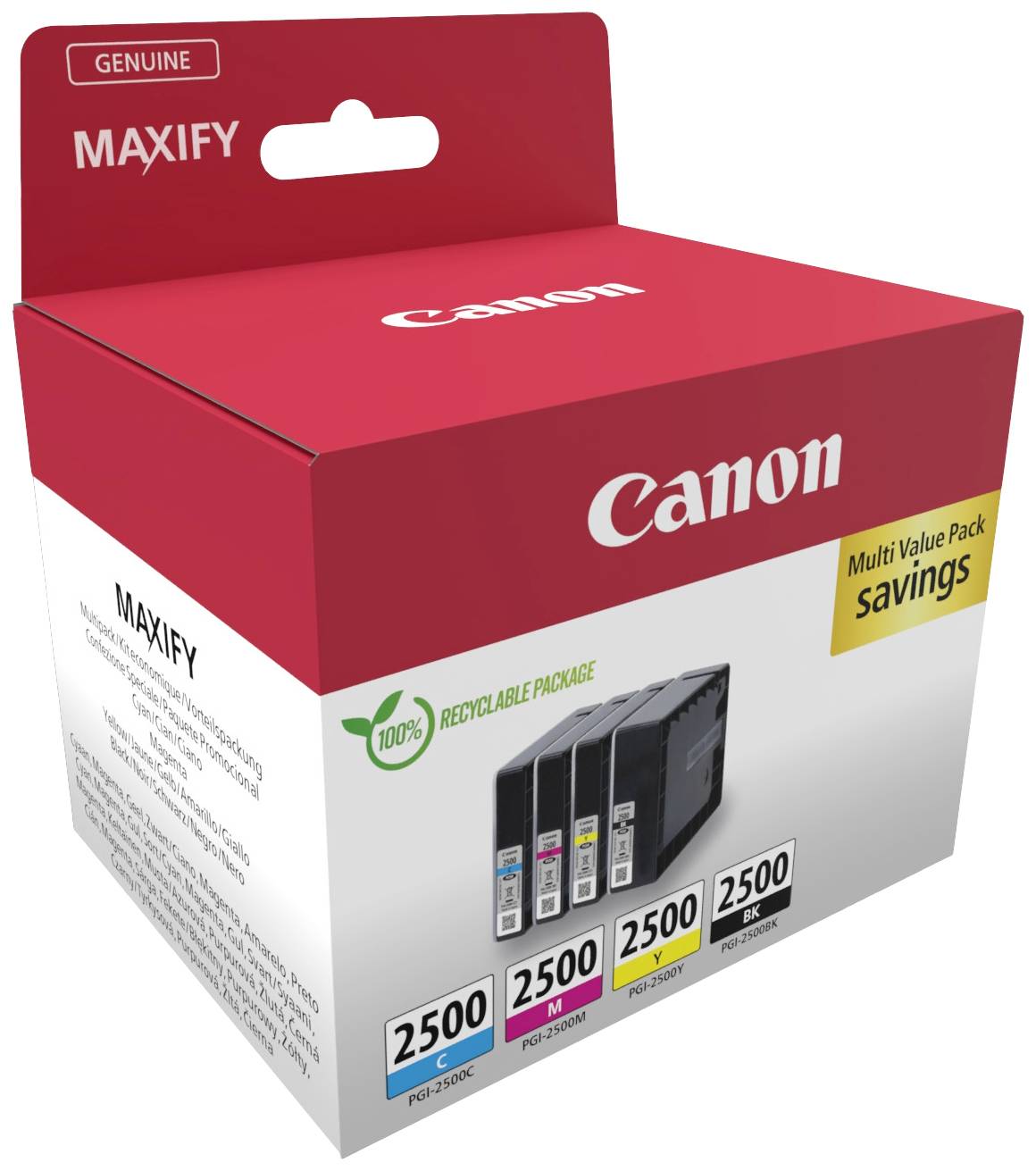 Multpack tiskových cartridgí Canon MAXIFY pro modely 2500 PGI-2500XL, skládající se z černé, azurové, purpurové a žluté barvy v ekologickém obalu.