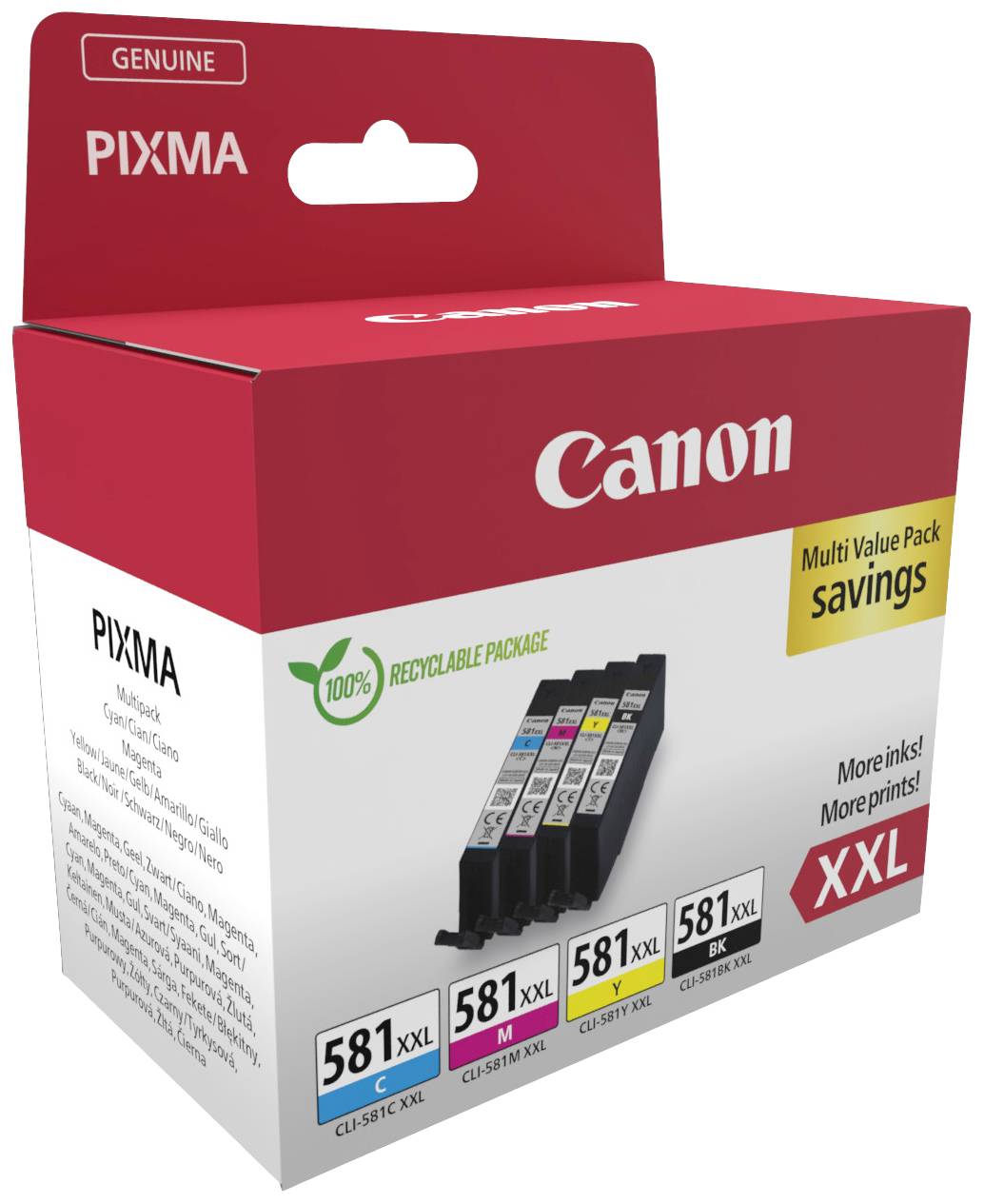 Obal inkoustových kazet Canon Pixma, zobrazující čtyři XL barevné kazety (azurová, purpurová, žlutá, černá) a poukazující na recyklovatelnost obalu.