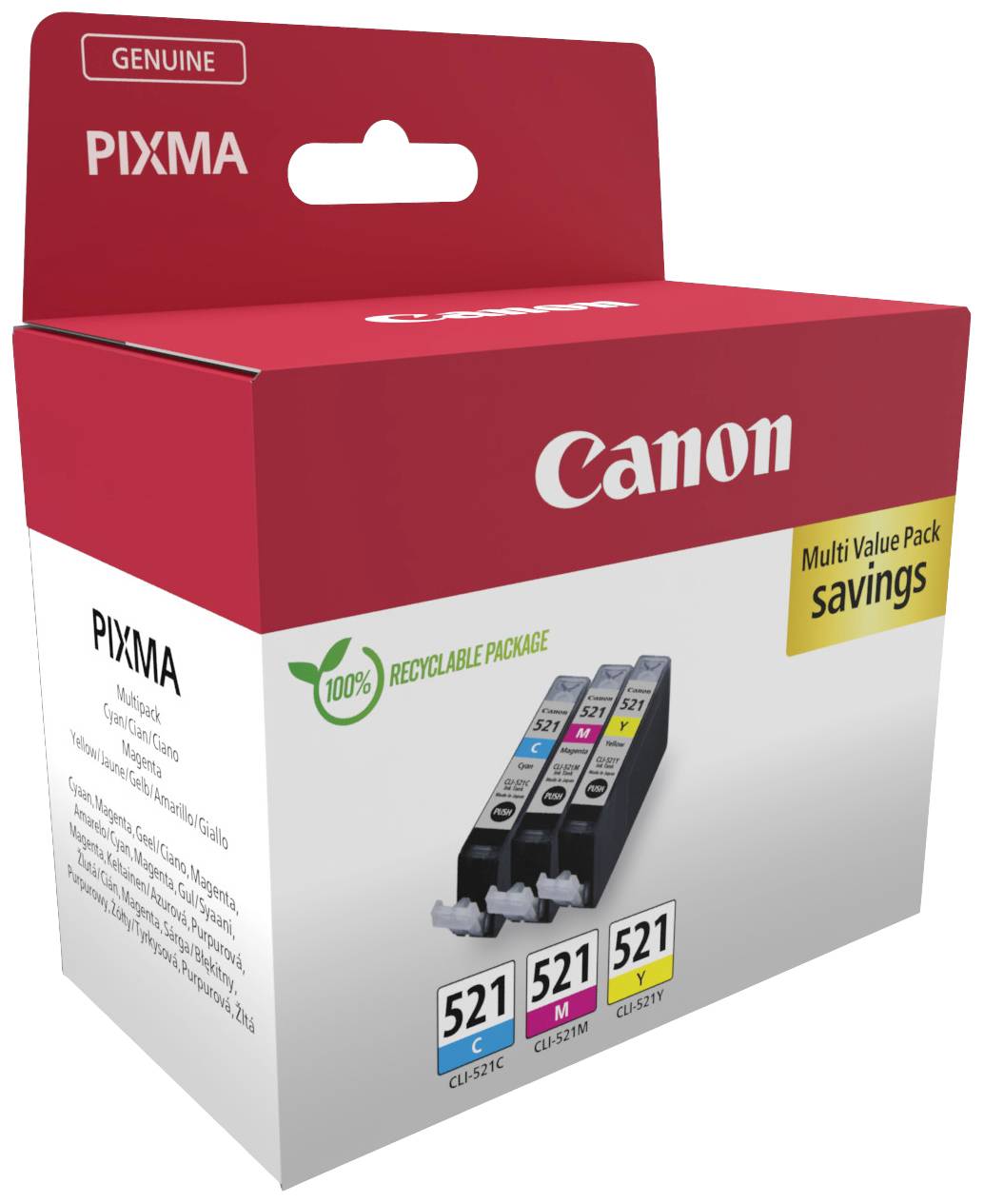 Trojitá sada tiskových cartridgí pro tiskárny Canon: Azurová, Purpurová, Žlutá. Balení s upozorněním na recyklaci a slevovou nabídkou.