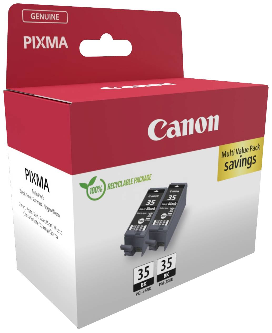 Canon PIXMA inkoustová kazeta Multi-Value-Pack se dvěma černými inkoustovými kazetami PGI-35BK. Balení je 100% recyklovatelné.