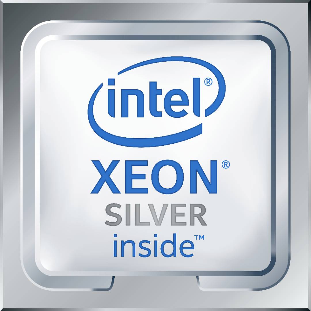 Logo procesoru Intel Xeon Silver, zobrazující značku a produktovou řadu.