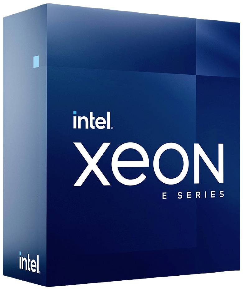 Krabice procesoru Intel Xeon E série s modrým pozadím a bílým textem.