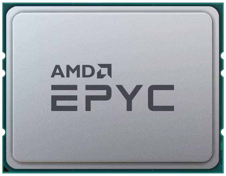 Šedý počítačový čip s nápisem 'AMD EPYC', používaný ve výkonných serverech pro efektivní zpracování dat.